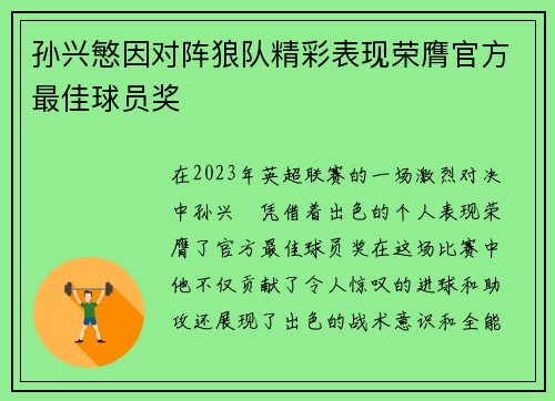 孙兴慜因对阵狼队精彩表现荣膺官方最佳球员奖 孙兴慜因对阵狼队精彩表现荣膺官方最佳球员奖